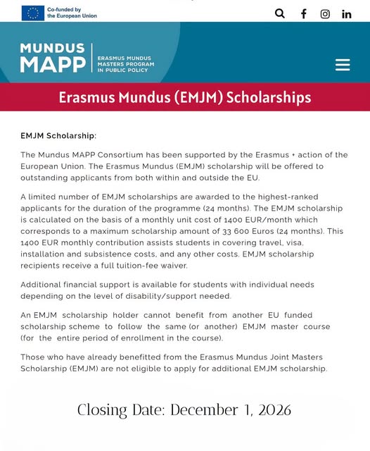 Erasmus Mundus Scholarship – Mundus MAPP 2027 in Europe (Fully Funded)